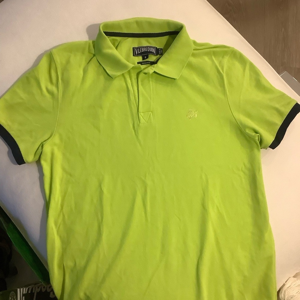 Vilebrequin Polo Mens Size S Lime Green Navy Trim Turtle Logo Resort